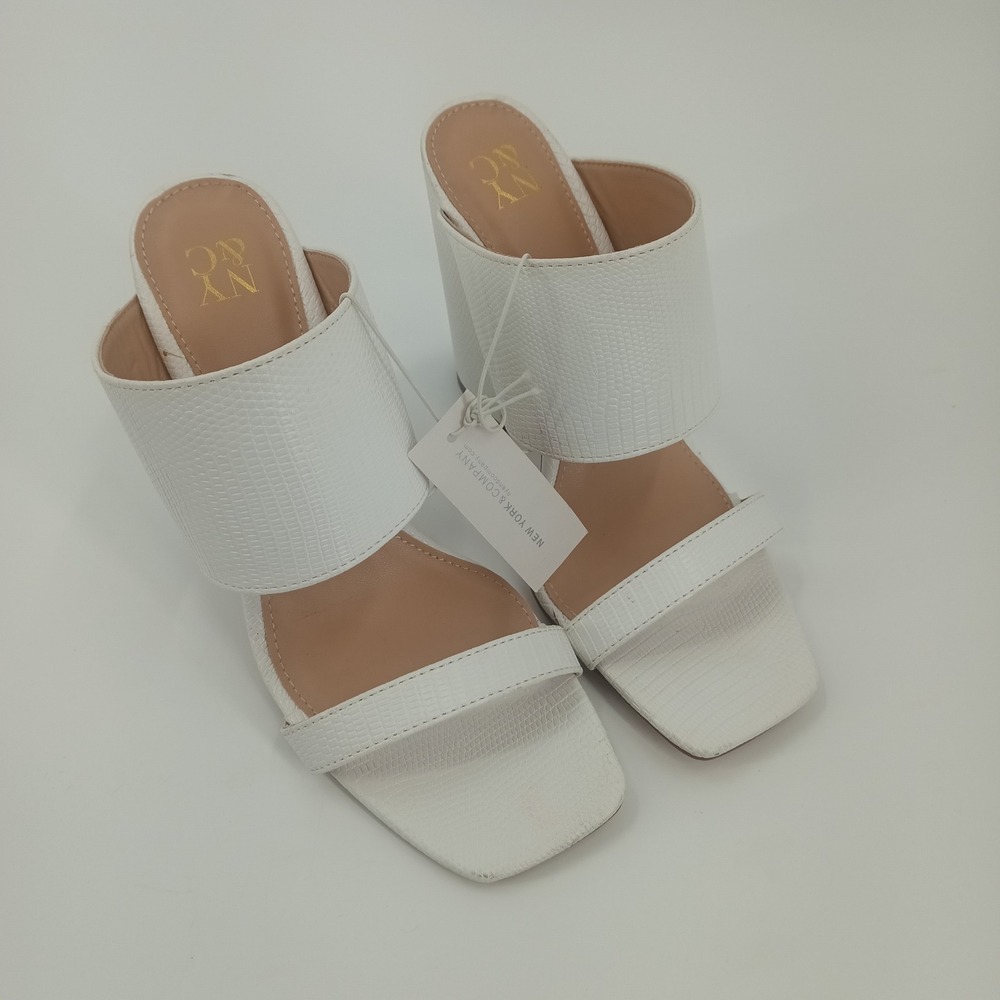 New York & Company White Faux Snake Block Heel Slide Sandals Square Toe Size 8